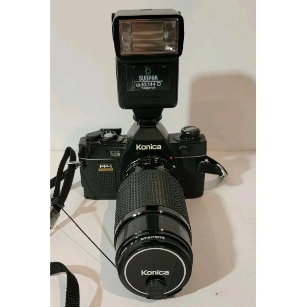 Vintage Konica FP-1 Program‎ Motor Camera Lens Bundle + Case